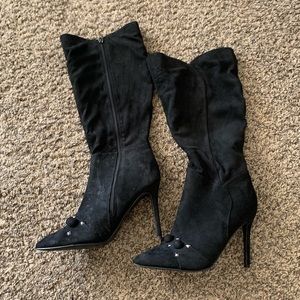 Yokie Black Faux Suede Zipper Knee High Pointed Toe Studded High Heel Boots